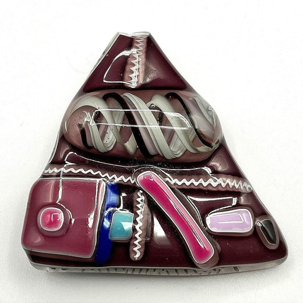 Vintage Glass Fusing Abstract Art Deco Triangle Shaped Brooch Pin Oxblood Boho